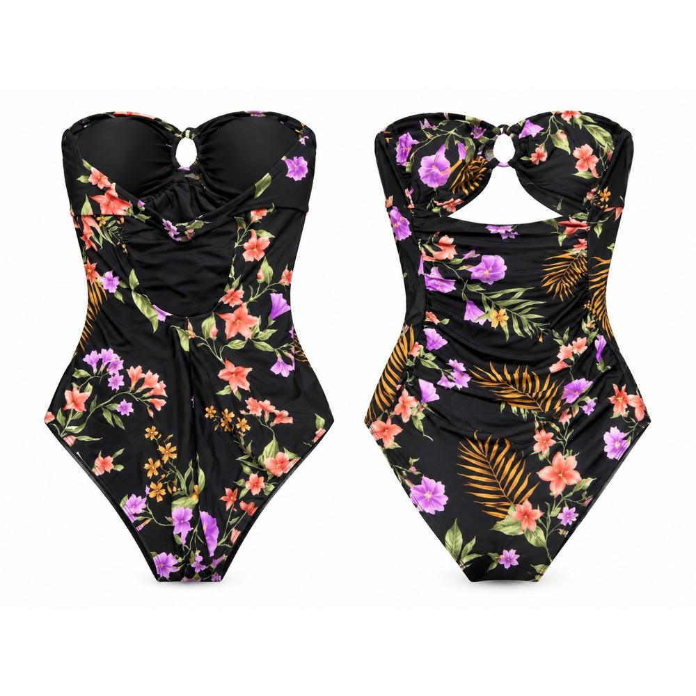Shade & Shore One Piece Swimsuit Womens S Black Floral Bandeau Keyhole Back